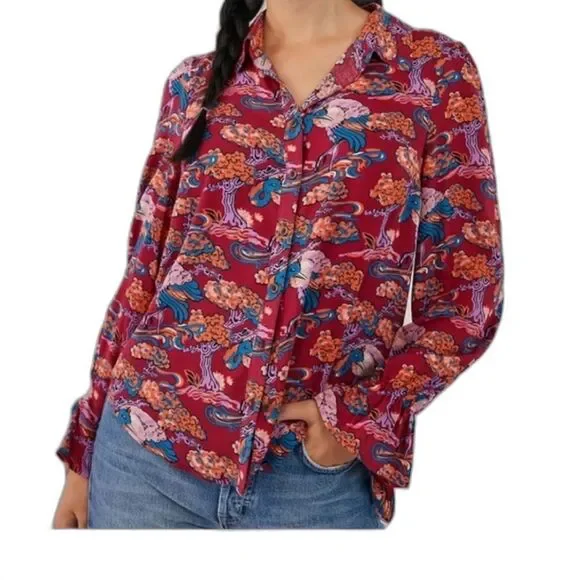 Anthropologie Maeve Darla Buttondown Shirt Vibrant Trees and Birds Size 8 - Picture 6 of 12